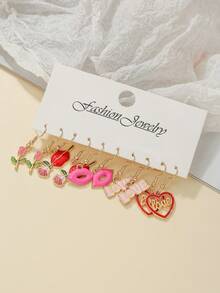 5对情人节耳环套装，优雅时尚的合金材质，嘴唇、玫瑰、心形、LOVE设计耳环，适合女性日常、婚礼、派对、情人节、海滩度假等场合佩戴，是送给女朋友的绝佳礼物。
