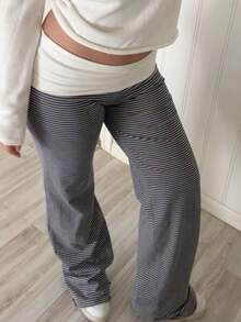 Women's Fold Over Lounge Pants Low Rise Wide Leg Yoga Sweatpants Stretchy Bell Bottoms Leggings Roll Over Pants - 黑色 - 查看 1