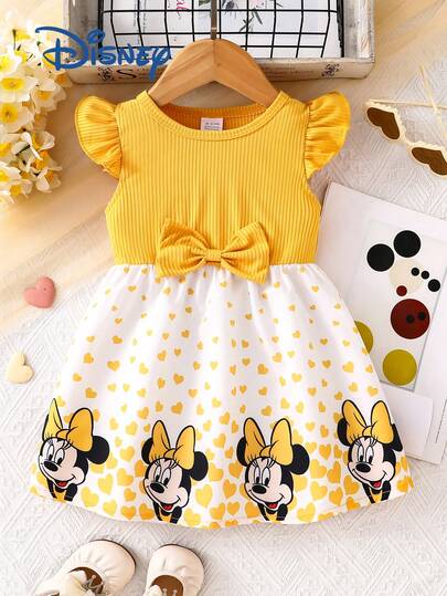 Disney Summer Baby Girls' Cute Sleeveless Mickey Mouse & Minnie Mouse Print Dress, Children Casual Vacation Heart & Minnie Bow Allover Print Vacation Versatile Dress
