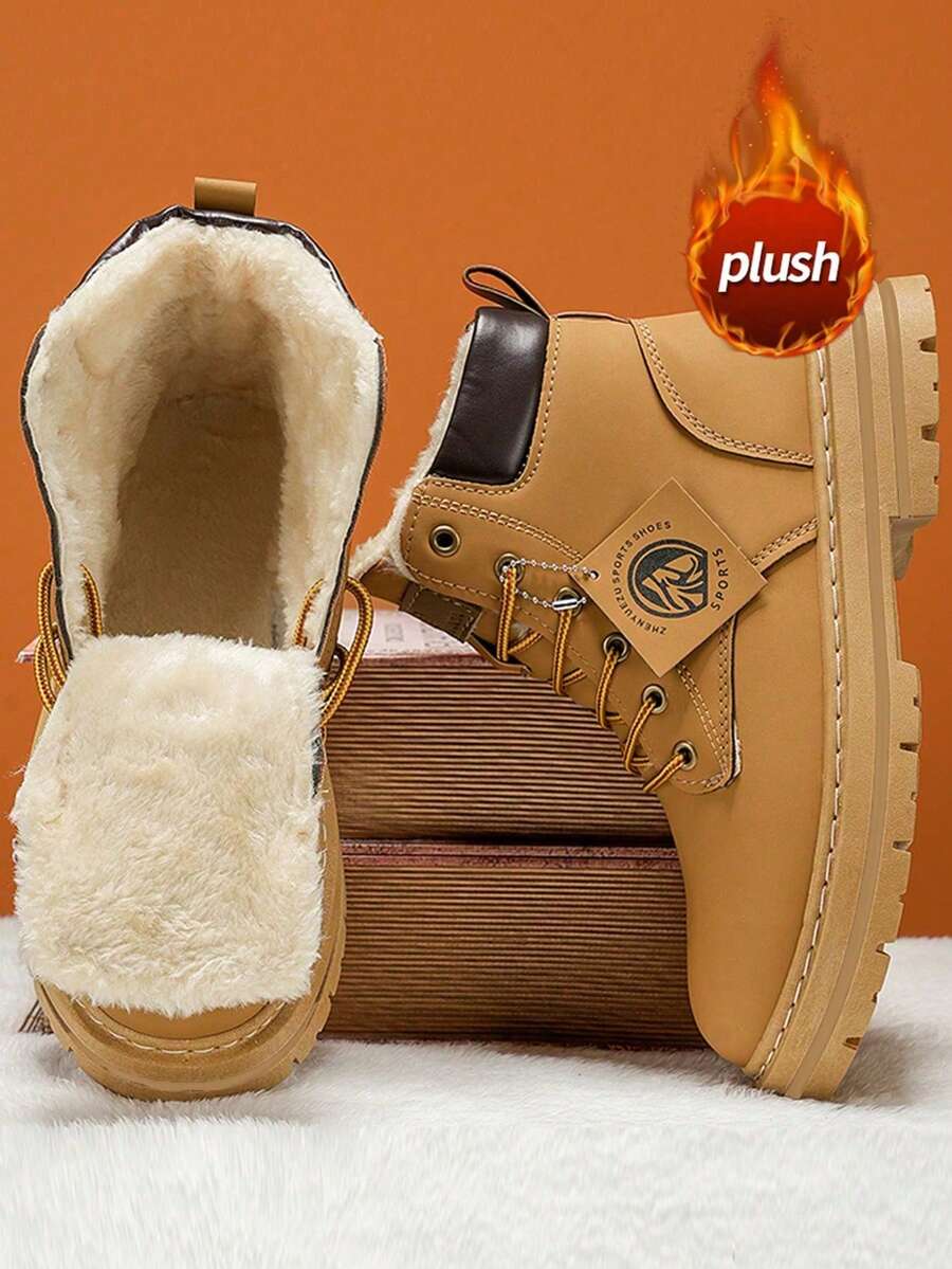 Botas de nieve para hombres 2024 Otoño/Invierno Nuevo Fondo grueso Aumentado Altura Antideslizante Resistente al desgaste Forro de felpa PU engrosado Impermeable Resistente al aceite Botas de montar de invierno para hombres Resistente al frío Suela blanda Superficie suave Ligero Cómodo Botas casuales de caña alta con cordones y punta redonda, Talla grande 48, Adecuado para exteriores, viajes, vacaciones, transporte diario de negocios, trabajo, ropa de trabajo de hombres - Caqui - Ver 1