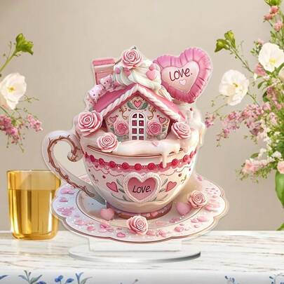 2D Acrylic Heart Teacup Cottage Ornament For Valentine's Day Gift