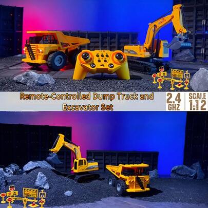 Combo de vehículos de construcción RC 1:24 - Volquete + Excavadora + Barrera, simulación realista con sonido y luces, vehículos de juguete con control remoto 2.4GHz, juguetes de construcción para niños, regalo de cumpleaños/festividad