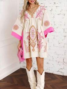 Đầm đi nghỉ mát in hoa phong cách Bohemian, trang phục đi biển dự tiệc âm nhạc Boho lấy cảm hứng từ miền Tây dành cho nữ, đầm babydoll in hoa Sweet Duet, đầm ôm sát in họa tiết tay cánh dơi cổ chữ V sâu gợi cảm màu hồng thanh lịch dành cho nữ, đầm hè sang trọng - Hồng - Xem 6