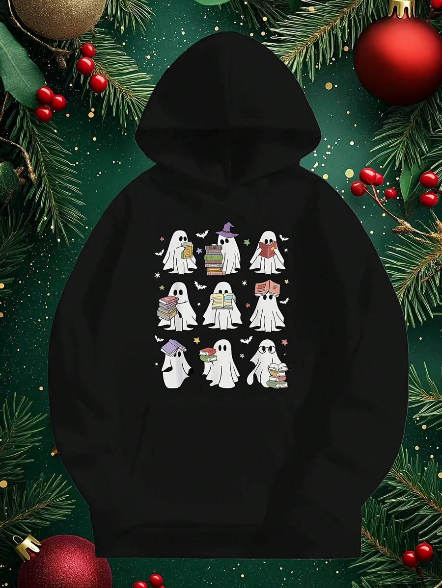 Men-S And Women-S Soft Fabric Pullover Sweatshirt - Spooky Reading Graphic With Pockets, Hine Washable Casual Sweater For Book-Themed Costumes, Parties And Casual Attire (Compatibl_962 - Đen 6 - Xem 1
