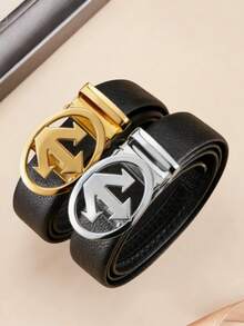 Men's Automatic Buckle Waist Belt, Zinc Alloy Buckle Design, Geometric Pattern, Adjustable Waist Belt, Ideal Gift - Multicolor - View 1