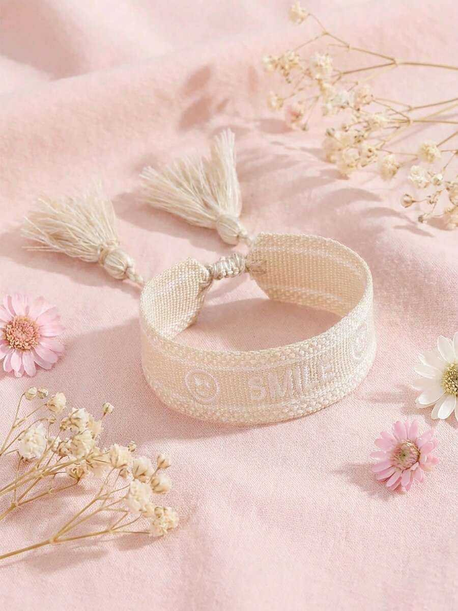 1 pieza Pulsera ajustable con letra SMILE bordada a mano, con borla, de estilo dulce y de moda, para niñas, para fiesta de playa de verano, regalo de cumpleaños - Albaricoque - Ver 1