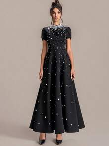 ASANDY This High-End Party Cocktail Dress For Women Features A Long Black Design, Adorned With Elegant Pearls And Rhinestones, Made Of Medium Stretch Knit Fabric. - Black - View 2
