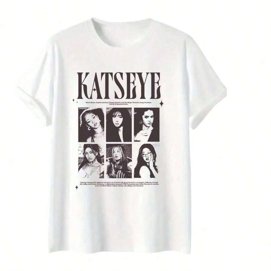 100% Cotton T-Shirt With Printed Design, Music Group Global KATSEYE Mosaic, Members, Graphic Shirt, Casual Style, Skater/Streetwear - 白色的 - 查看 1