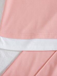 2pcs/Set Girls' Casual Outgoing Fashion Bow Letter Contrast Color Print Decor Dropped Shoulder Short Sleeve Top And Pants Set, Spring/Summer - Pink - View 7