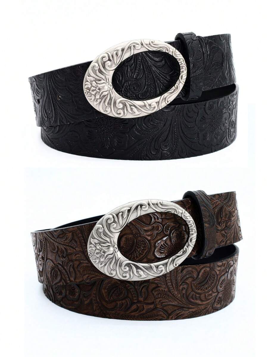 1pc Women's Retro Western Boho Style Metal Carved Buckle PU Leather Belt, Suitable For Jeans, Casual Pants, Skirts, Daily Wear - Multicolor - View 1