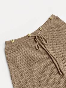 Women's Sexy Crop Top With Shell Design Spaghetti Strap Backless Knit Camisole And Matching Shell Design Casual Shorts 2-Piece Set - Khaki - View 7