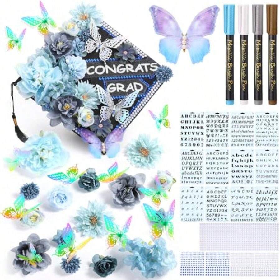 51 Pcs DIY Graduation Cap Decorations Kits Included Grad Cap Pens Faux Flowers Letter Number Stencils Rhinestones Stickers 3D Butterflies For Grad Hat Topper Decors Craft Art DIY Dark Blue - Dark Blue - View 1