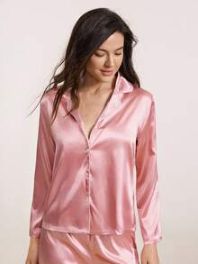 Hourtrue 两件套女士府绸开襟长袖衬衫+松紧腰裤睡衣套装，可爱家居服，秋冬服装 - 粉色 - 查看 5