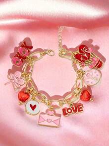 1pc Pink Enamel XOXO Heart Pendant Metal Bangle, Handmade Heart Shaped Bracelet Jewelry, Couple Gift, Valentine's Day Jewelry - Multicolor - View 3