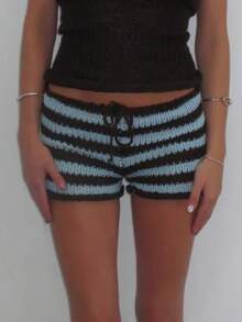 Women Fold Over Micro Shorts Y2k Striped Elastic Waist Low Rise Knit Sleep Mini Shorts Ribbed Comfy Going Out Bottoms - Blue - View 2