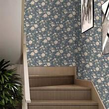 1卷复古花卉自粘壁纸，优雅灰蓝色背景，撕贴式设计，防水，易于粘贴和移除，适用于客厅、餐厅、卧室、墙面翻新、桌面、橱柜、壁龛、电视背景墙、家具装饰，安装简便，墙面装饰 | 房间装饰 | 厨房装饰 | 家居装饰 - 彩色 - 查看 1