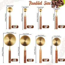8Pcs Measuring Cups And Spoons Set - Golden Stainless Steel Measuring Cups With Wooden Handle, Metal Measuring Spoons Set Nesting Kitchen Measure Set For Kitchen/Food/Baking - 金色 - 查看 7