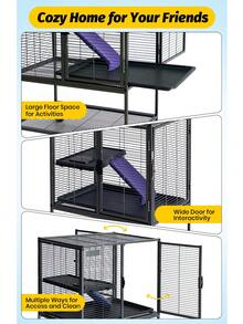 Metal Cage For Small Animals, 34-Inch Tall Multi-Level Ferret Cage For Small Animals, Large Hamster Cage With Ramp, Extra Storage Rack