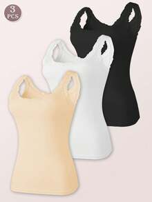 3pcs Women Lace Trim Round Neck Tank Top, Sleeveless Layered Slim Fit Camisole Vest - Multicolor - View 2