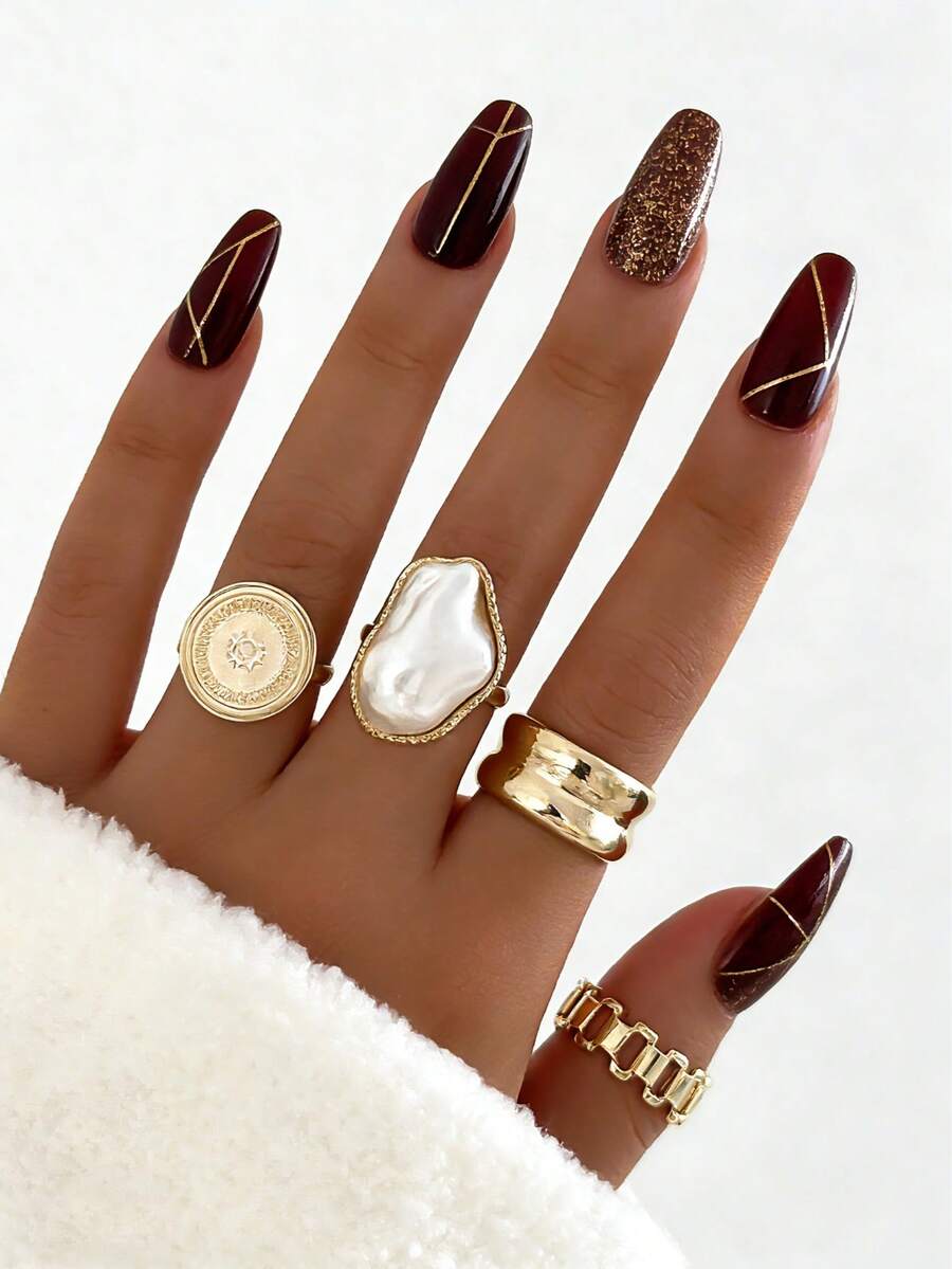 4Pcs/Set Vintage Faux Pearl Irregular Geometric Rings For Women Wedding Finger Jewelry Gifts ﻿ - Yellow Gold - View 1