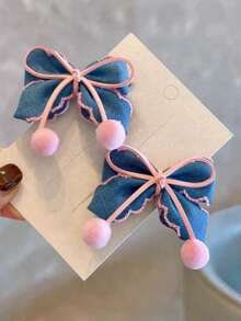 2pcs Cute & Elegant Denim Blue Bowknot Decor Hair Clips, Suitable For Daily Wear - Pink - View 6
