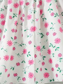 Girls Casual Floral Print Decor Button Design Hollow Back Flared Hem Sleeveless Knee-Length Dress, Suitable For Spring/Summer - Pink - View 9