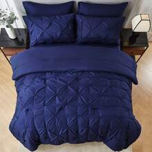 5/7 Piece Bed In A Bag Bed Comforter Set, Summer Breathable Chic And Elegant Comforter Set With Soft Microfiber Inner Filler, Lightweight Solid Bedding Set, Bedroom Decor For All Seasons, Ideal Gift - DarkBlue - 查看 5