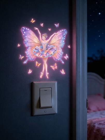 Glow-In-The-Dark Ballet Butterfly Fairy Wall Sticker - Self-Adhesive PVC Decal With Sparkling Wings & Floral Crown, Fantasy Nighttime Scene For Home Decor, Butterfly Decorations
