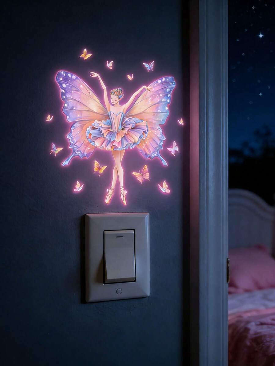 Hình dán tường nàng tiên bướm ba lê phát sáng trong bóng tối - Decal PVC tự dính với đôi cánh lấp lánh và vương miện hoa, cảnh đêm huyền ảo cho trang trí nhà cửa, đồ trang trí hình bướm. - Nhiều màu - Xem 1