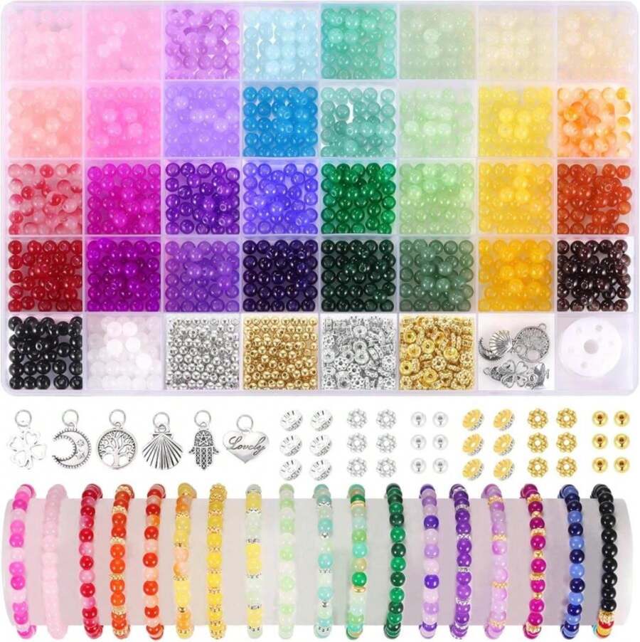 Funtopia 8mm Glass Beads For Bracelets, 36 Colors Crystal Beads For Jewelry Making, 1061pcs Bracelet Making Kit, Round Glass Bead For DIY Earrings Necklace Crafts With Spacer Bead And Charms - ColorA - 查看 1