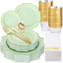 175Pcs Sage Green Plastic Plates With Gold Rim - Disposable Sage Green Plates 25guest Disposable Dinnerware Ideal For Party/Wedding/Spring Party,38869419 - màu xanh lá - Xem 1
