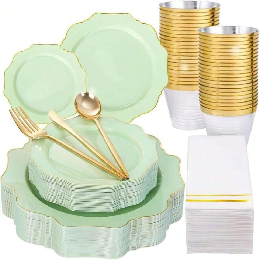 175Pcs Sage Green Plastic Plates With Gold Rim - Disposable Sage Green Plates 25guest Disposable Dinnerware Ideal For Party/Wedding/Spring Party,38869419 - màu xanh lá - Xem 1