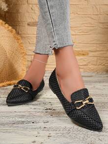 New Woven Loafers, Pointed Toe Metal Buckle Flat Shoes, Versatile Casual Slip-On Shoes For Students, Commuting And Daily Wear, Available In Black, White, Beige - Black - View 4
