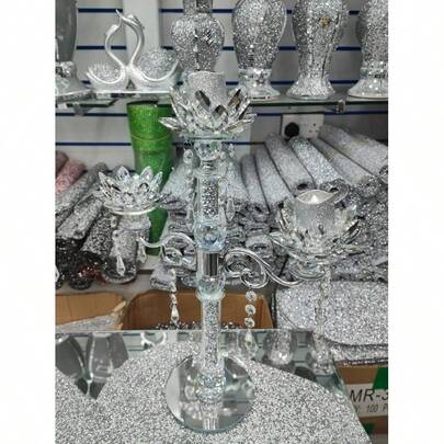 3-Tier Crushed Diamond Lotus Candle Holder – Silver Crystal-Filled Bling Ornament, Sparkly Romany-Style Décor & Gift