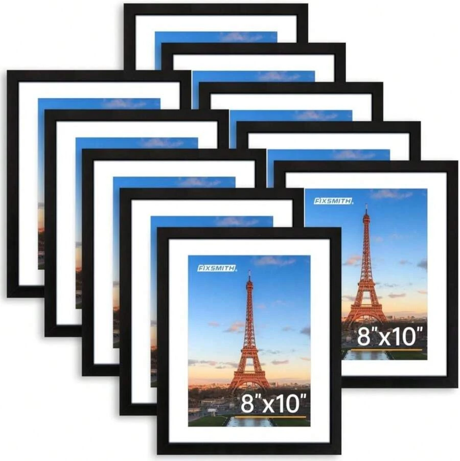 FIXSMITH 8x10 Picture Frame Set Of 10, Photo Frame Bulk With HD Plexiglass, Display Pictures 5x7 With Mat Or 8x10 Without Mat Multi Picture Frames Collage For Tabletop Or Wall Display, Black - ColorI - 查看 1