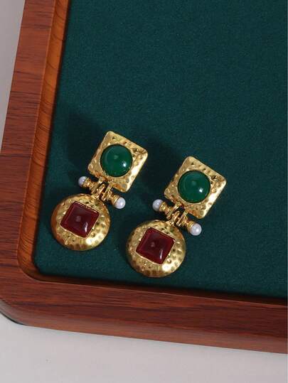 1 Pair Fashionable Vintage Alloy Colorful Metallic Earrings, Versatile Daily Wear Gift