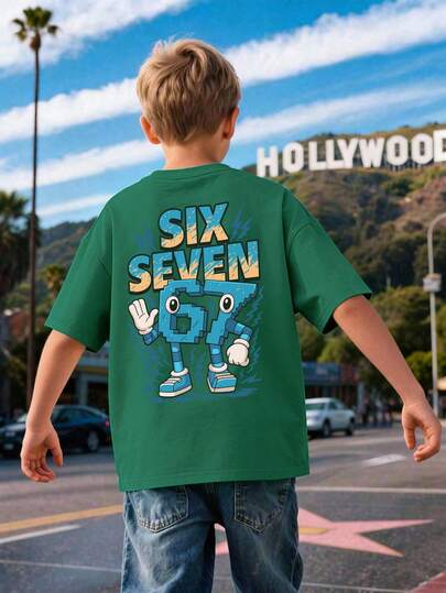 1pc Boys' Abstract Interesting "67" Numeral Print Crew Neck T-Shirt, New Summer Boys' Clothing