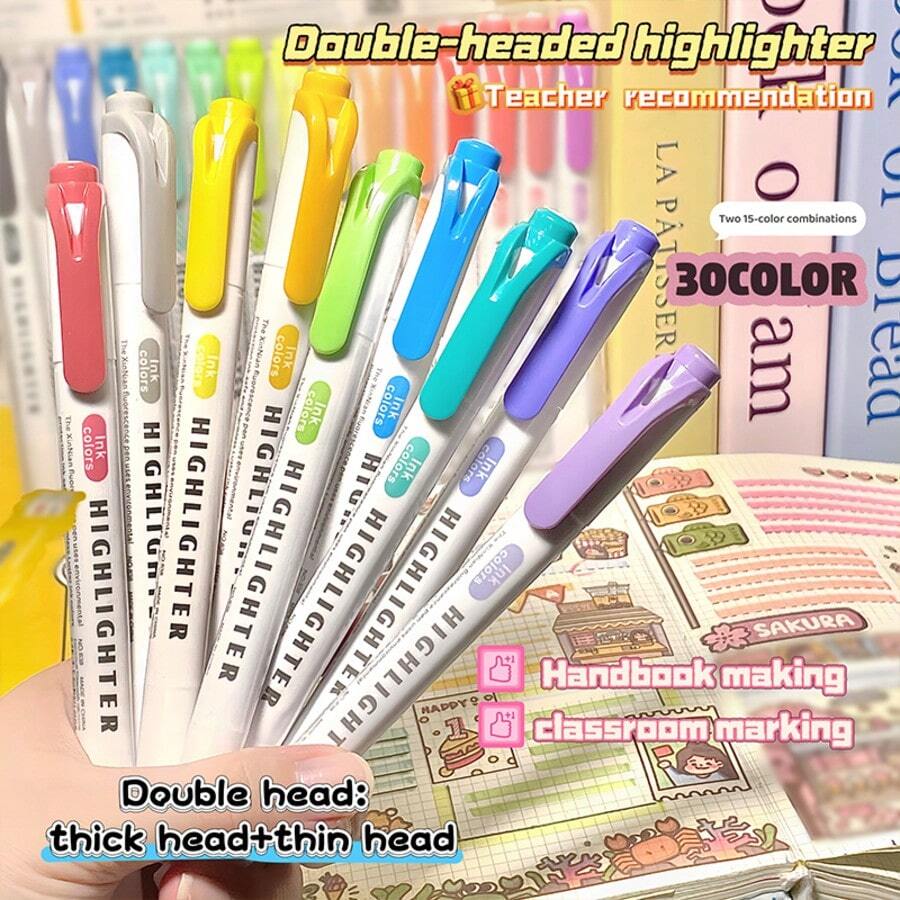 15支双头荧光荧光笔，适用于日常标记、绘画、涂色、划线、高亮，粗细笔尖齐全，是学生、办公和学校用品的理想之选，也是开学季的礼物佳品。 - 套裝 - 查看 1