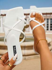 planare Women's Fashion Outdoor Flip Flops, Minimalist Criss-Cross Faux Leather Flat Thong Sandals - White - View 10