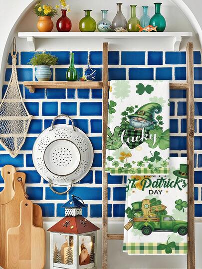 2Pcs Watercolor Green Buffalo Plaid Lucky Green Clover Dwarf Truck St. Patrick's Day Happy Pattern Vintage Farmhouse Decoration Kitchen Towels Dishcloth Holiday Party Supplies Bathroom Hand Towels Suitable For Kitchen Dining Room Table