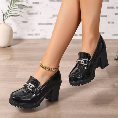 Women's Rhombus Pattern Preppy Style Casual PU Leather Buckle High Heel Pumps, Black Chunky Heels For Office, Spring & Autumn