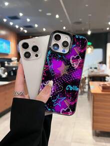 Fondo negro con corazones y estrellas de grafiti de colores. Esta elegante funda es compatible con los modelos  17, 16, 15, 14 Pro Max, 13, 12, 11, XR y XS Plus. Fabricada en silicona TPU, ofrece protección contra golpes y caídas, además de una sensación superior. Es un regalo ideal para familiares, amigos y seres queridos, y una opción perfecta para Año Nuevo. - Negro - Ver 1