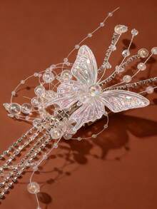 1个/2个装 女士时尚优雅透明白色蝴蝶流苏水晶珍珠发夹，适合日常佩戴、婚礼、派对，可搭配马尾辫 - 彩色 - 查看 7