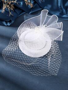 1pc Elegant Beaded Veil Bridal Headpiece With Birdcage Veil, Wedding Accessory - White - View 5