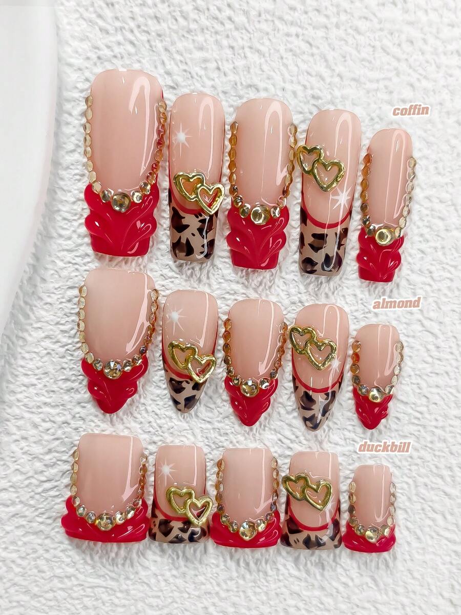 10pcs Minimalist Valentine's Day Nail Stickers, Acrylic Nail Art Set, Champagne Color Rhinestones, Heart Decor, Leopard Print Design, White Star Nail Stickers, Includes Nail File (1pc Jelly Sticker + 1pc Nail File), 3 Sizes: Almond, Duck Mouth, Coffin, Suitable For Commute, Valentine's Day, New Year, Party, Winter Holiday & Daily Wear Nails Nail Supplies Handmade Press On Nails - 彩色 - 查看 1