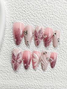 10件套粉色奢华亚克力美甲套装，闪亮玫瑰，手工花朵装饰，蝴蝶美甲，精细闪粉凝胶，包含美甲工具（1个果冻贴+1个指甲锉），3种尺寸可选：杏仁形、鸭嘴形、棺材形，适合通勤、派对、日常佩戴、节日美甲。 - 彩色 - 查看 18