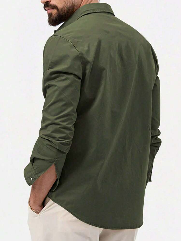 Camisa de vestir de manga larga de unicolor versátil para hombre, casual de negocios, otoño - Verde - Ver 4