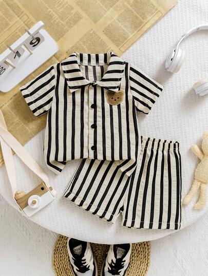 2pcs/Set Baby Boy Summer New Black & White Striped Cute Bear Polo Collar Short Sleeve Shirt And Striped Shorts Casual Fashion Outfit