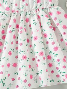 Girls Casual Floral Print Decor Button Design Hollow Back Flared Hem Sleeveless Knee-Length Dress, Suitable For Spring/Summer - Pink - View 10