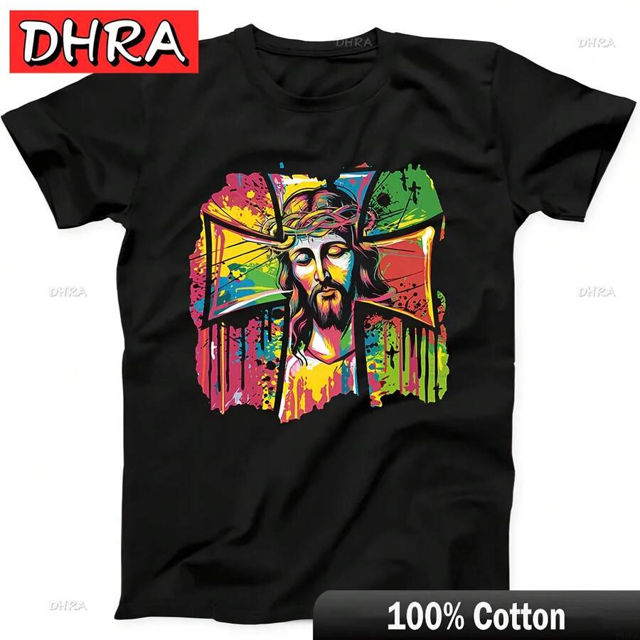 Colorful Jesus Face Cross Christmas Christ Funny Gift Black T Shirt Shirts Tshirts For Daily Wear T-Shirt Unisex Korea - 黑色 - 查看 1